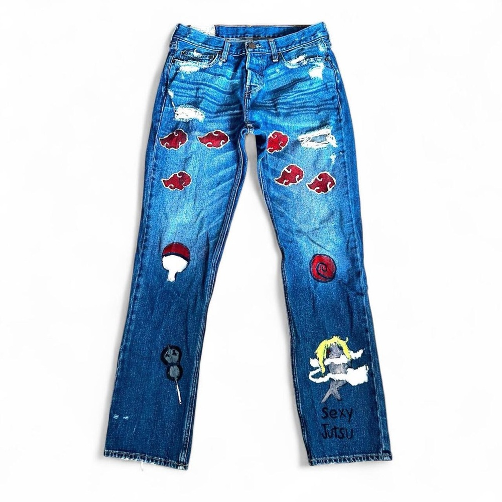 Hollister men’s distressed blue jeans with Naruto patches, Size: 30/32
